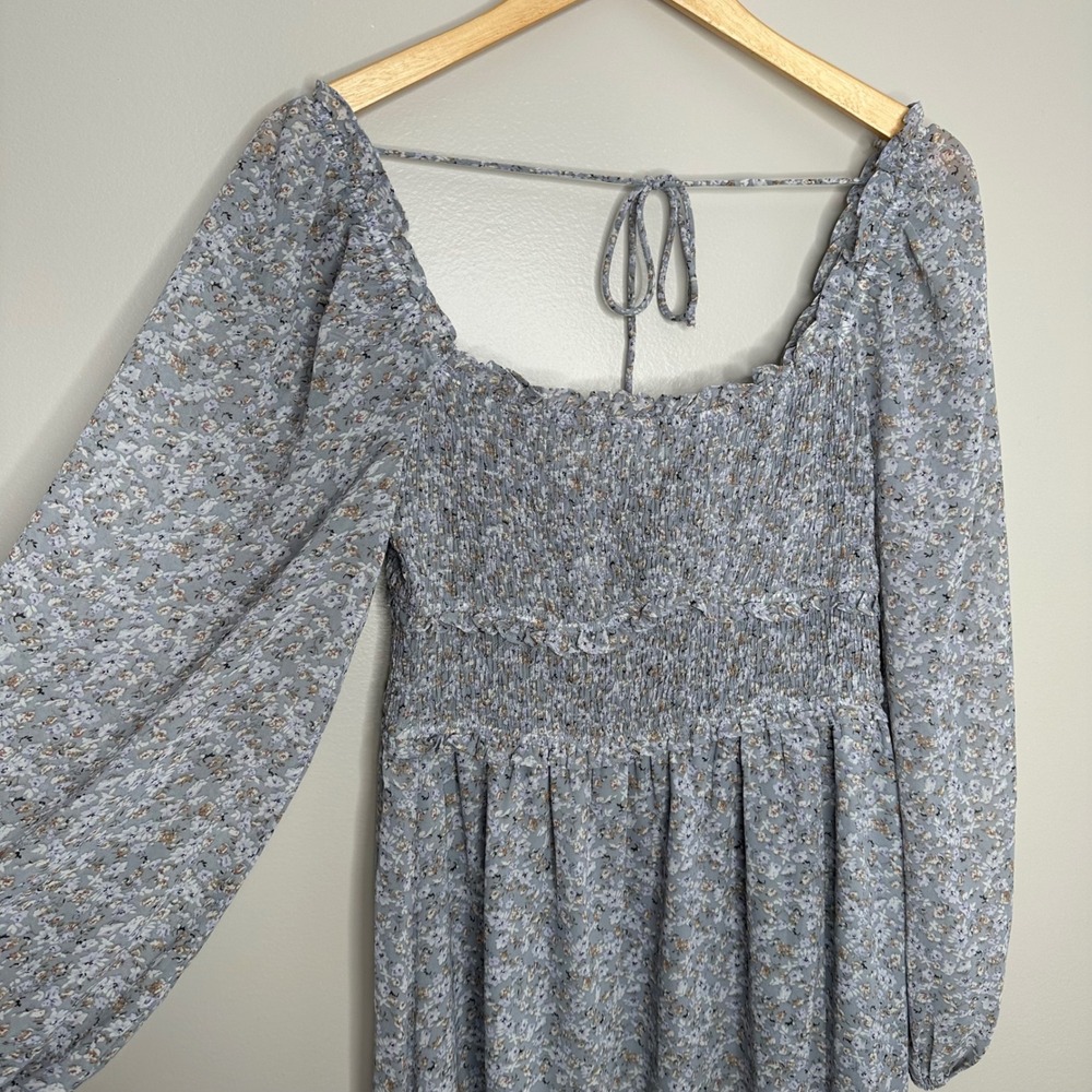 ASTR the‎ Label Women's Bodice Floral Long Sleeve Midi Dress Smocked Blue Medium - Picture 4 of 10